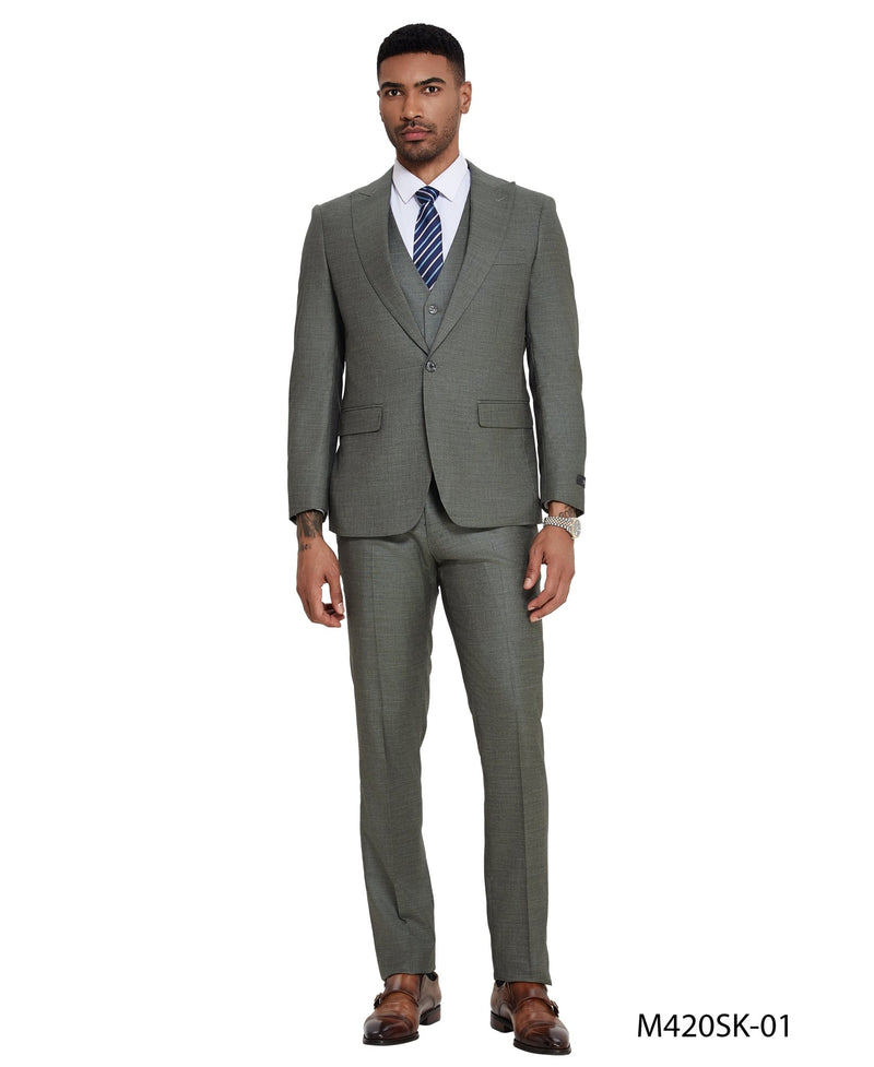 3 PC Solid Textured Peak Lapel Suit - Bundle Bus