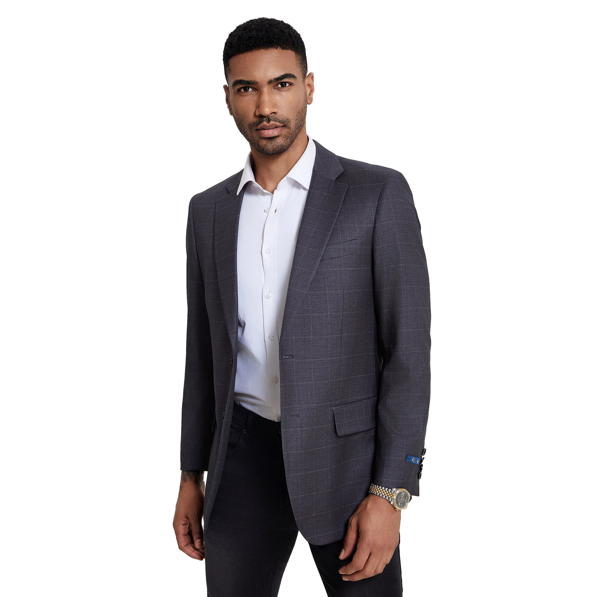 Men's Modern Fit Windowpane Sport Coat w/ Notch Lapel - Bundle Bus