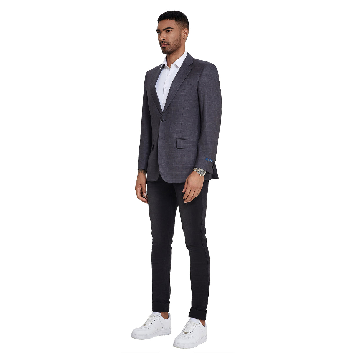 Men's Modern Fit Windowpane Sport Coat w/ Notch Lapel - Bundle Bus