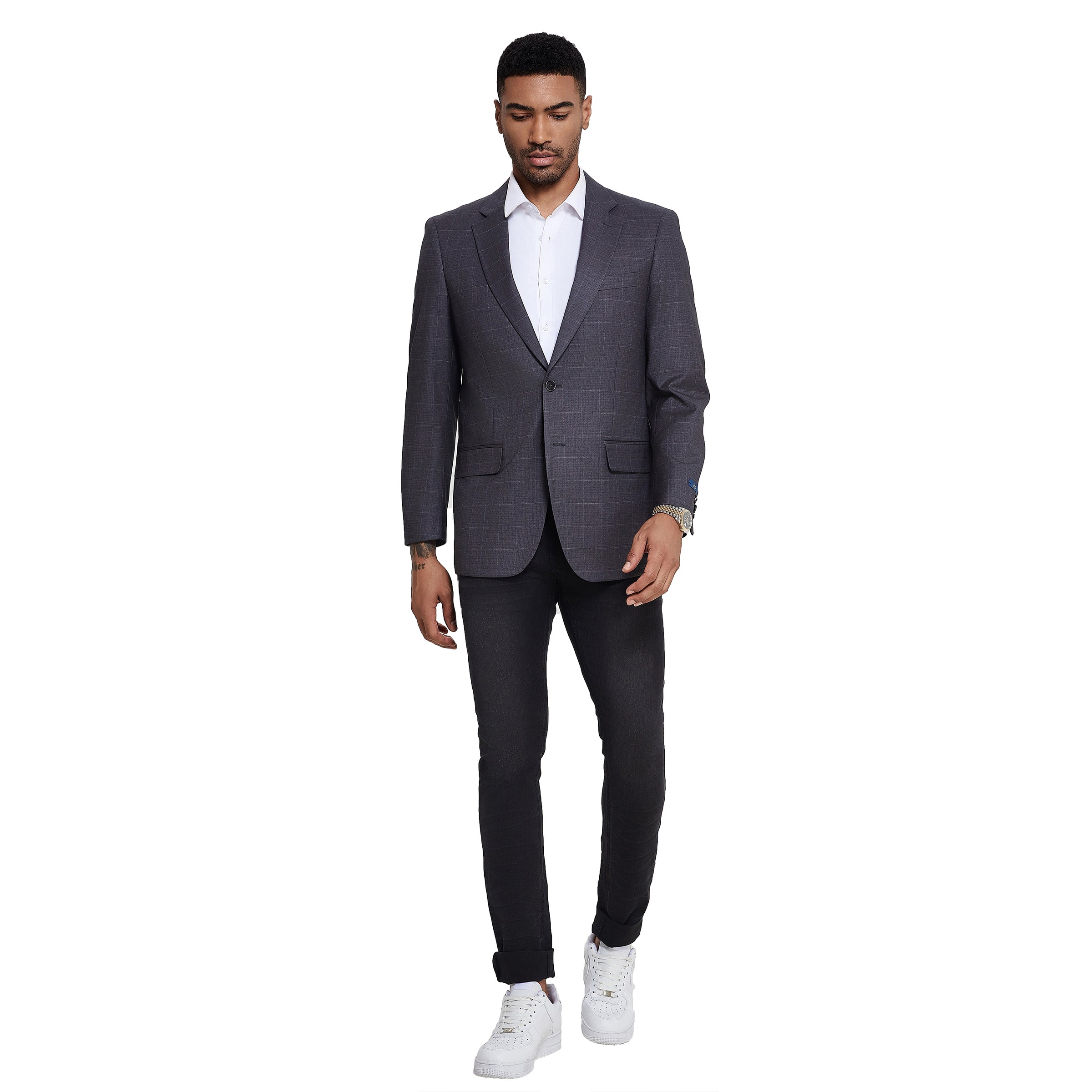 Men's Modern Fit Windowpane Sport Coat w/ Notch Lapel - Bundle Bus