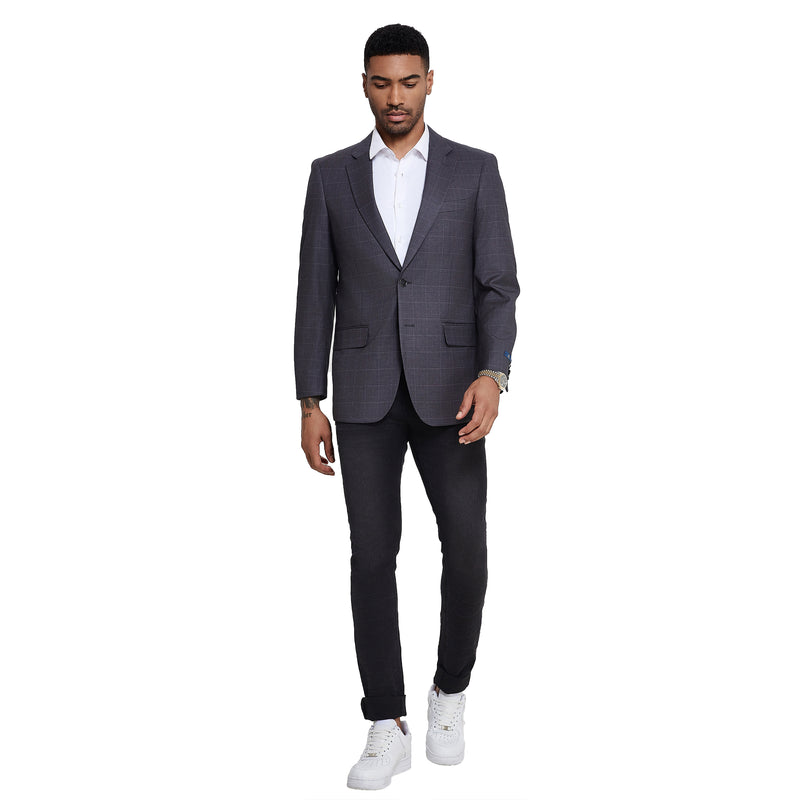 Men's Modern Fit Windowpane Sport Coat w/ Notch Lapel - Bundle Bus