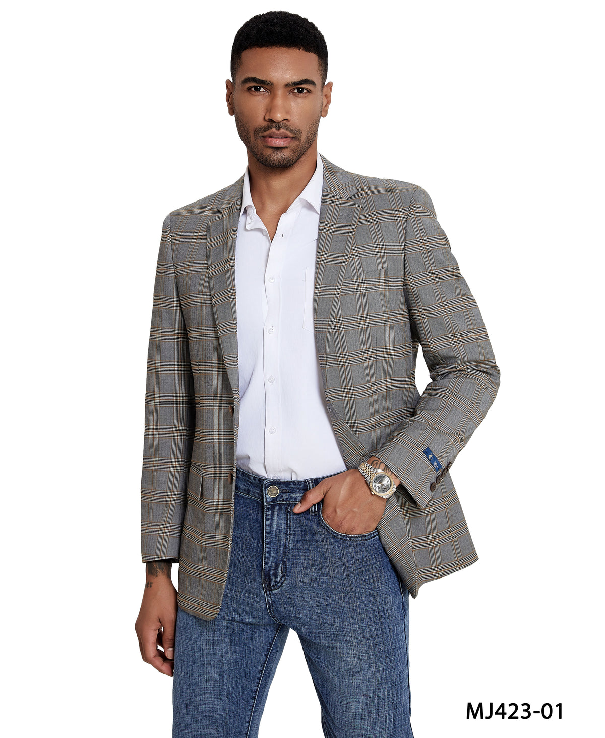 Men's Modern Fit Windowpane Sport Coat w/ Notch Lapel - Bundle Bus