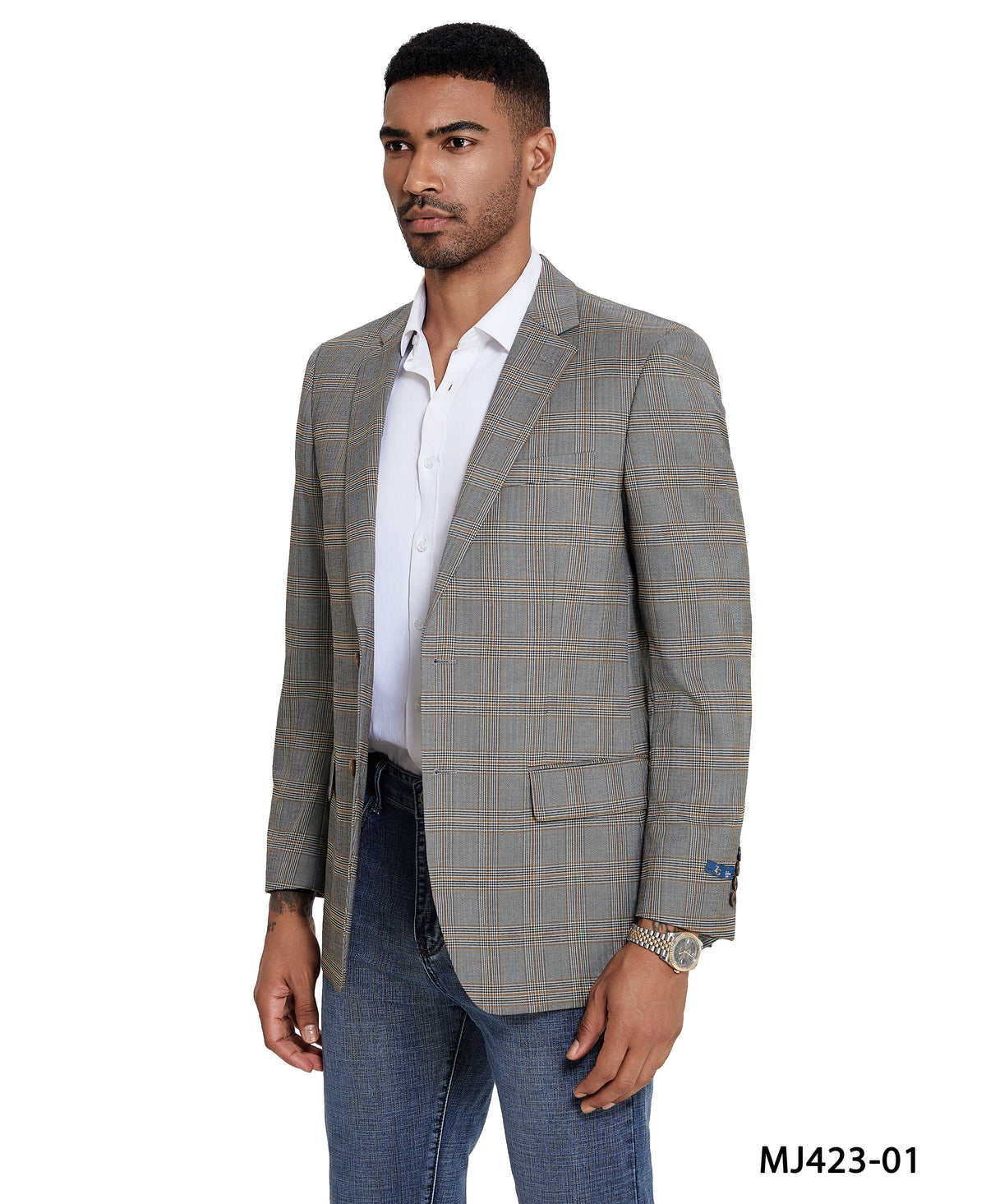 Men's Modern Fit Windowpane Sport Coat w/ Notch Lapel - Bundle Bus