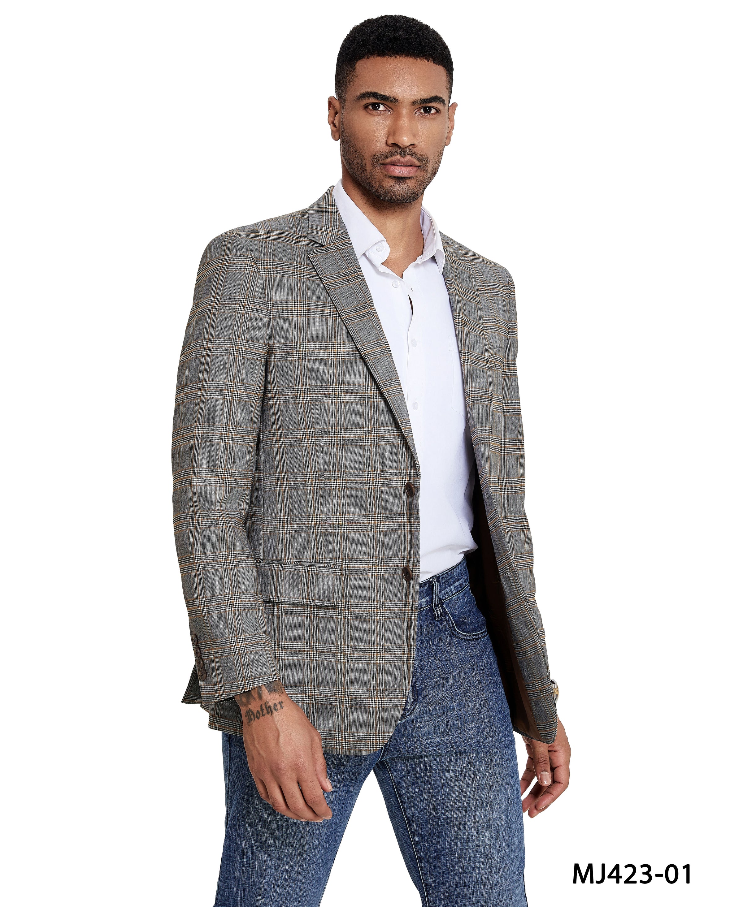 Men's Modern Fit Windowpane Sport Coat w/ Notch Lapel - Bundle Bus