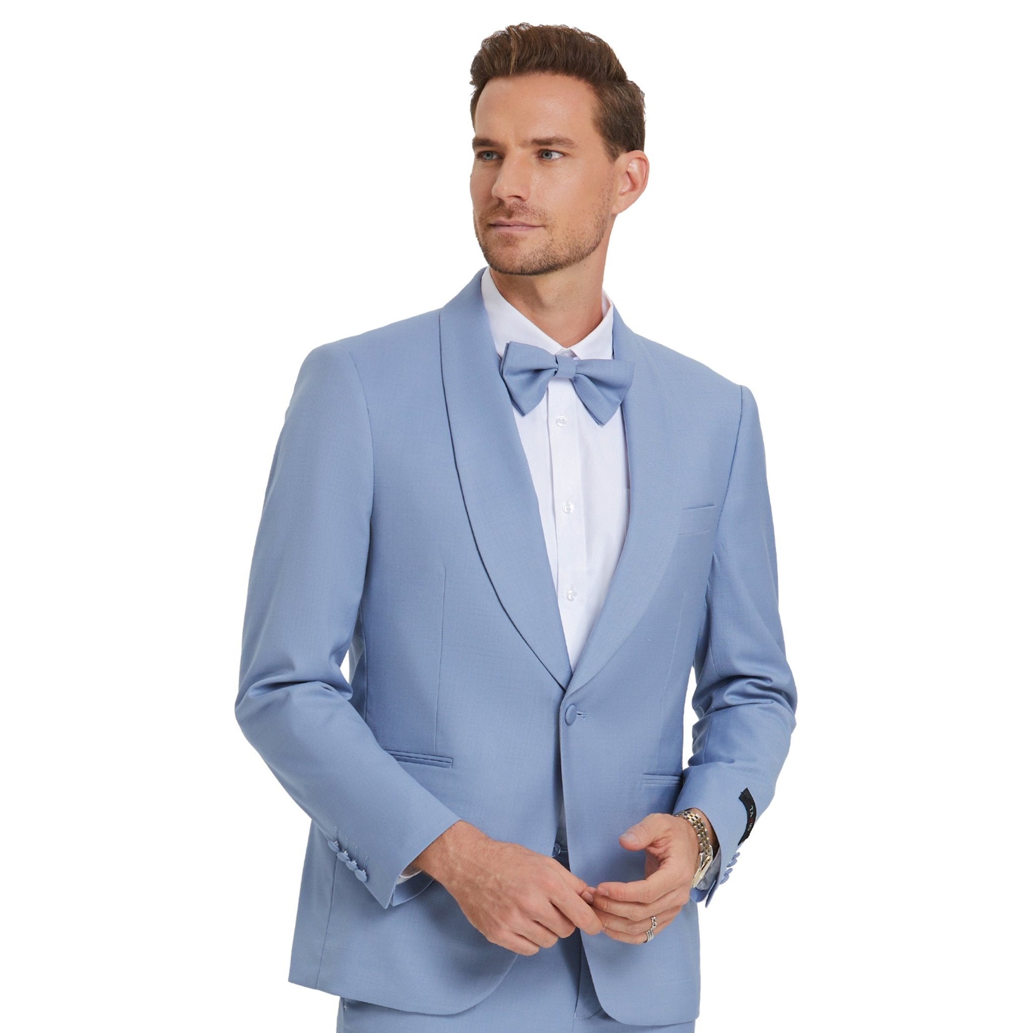 Beau Blue Solid Shawl Collar - Adjustable Waist Band Mens - suit - Bundle Bus