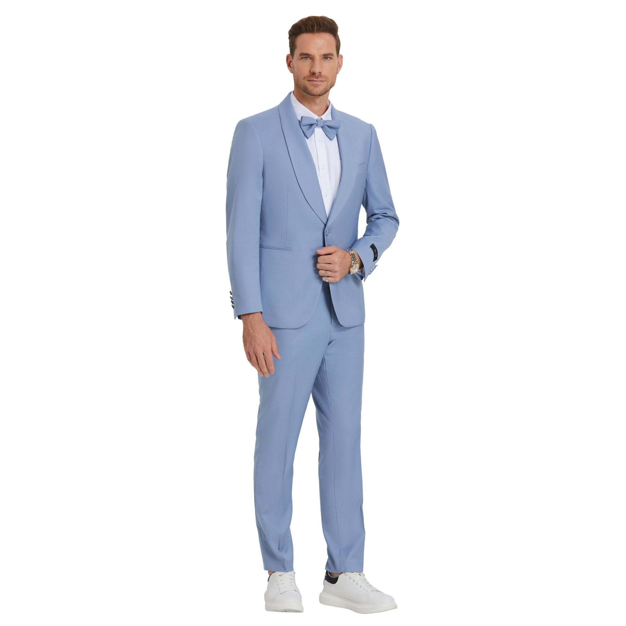 Beau Blue Solid Shawl Collar - Adjustable Waist Band Mens - suit - Bundle Bus