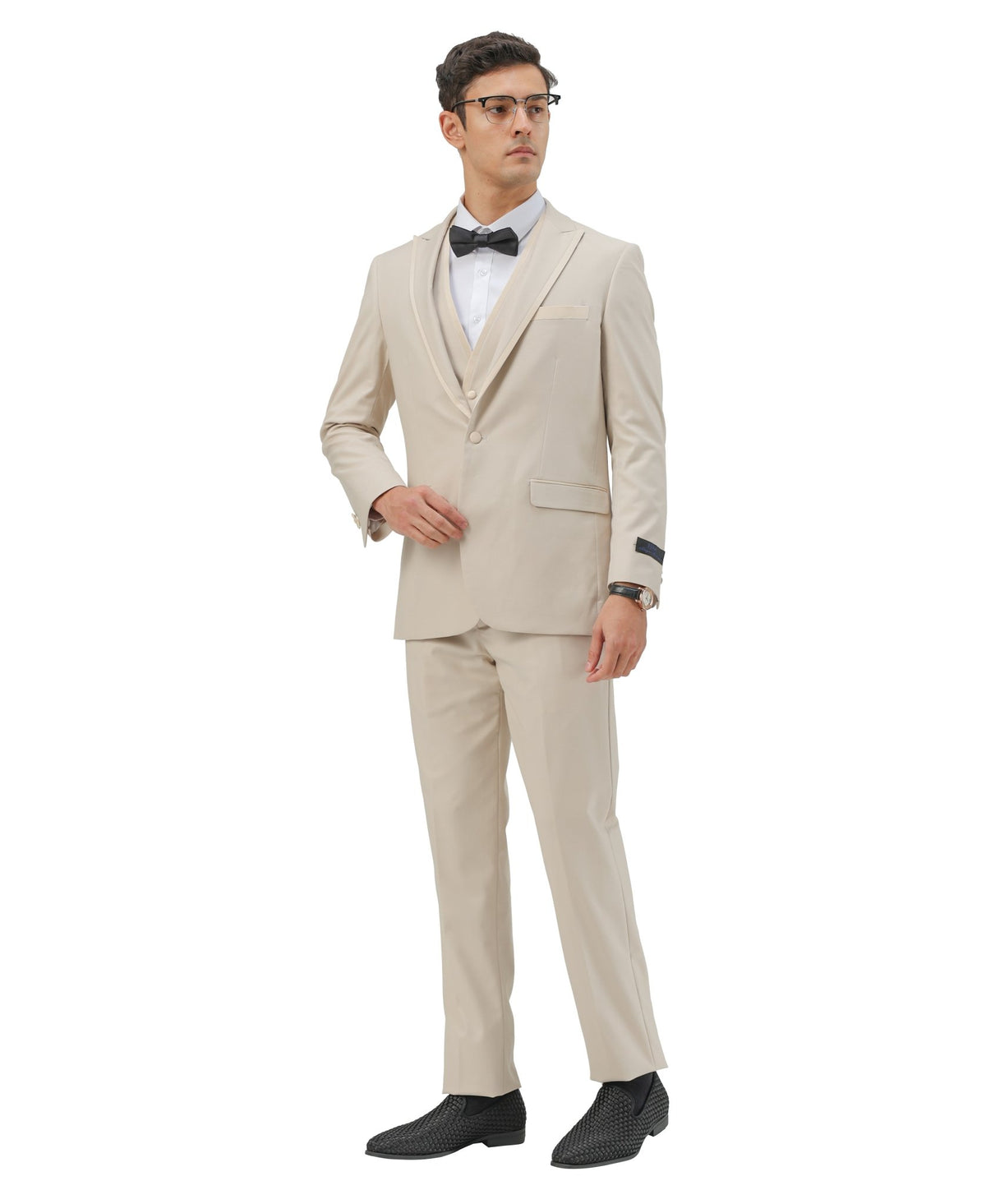 Bryan Michael 2pc Tuxedo Set with Satin Peak Lapel,Champagne/Black Satin - Bundle Bus