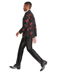 Men's Floral Slim - Fit Blazer w/ Satin Shawl Collar - Bundle Bus