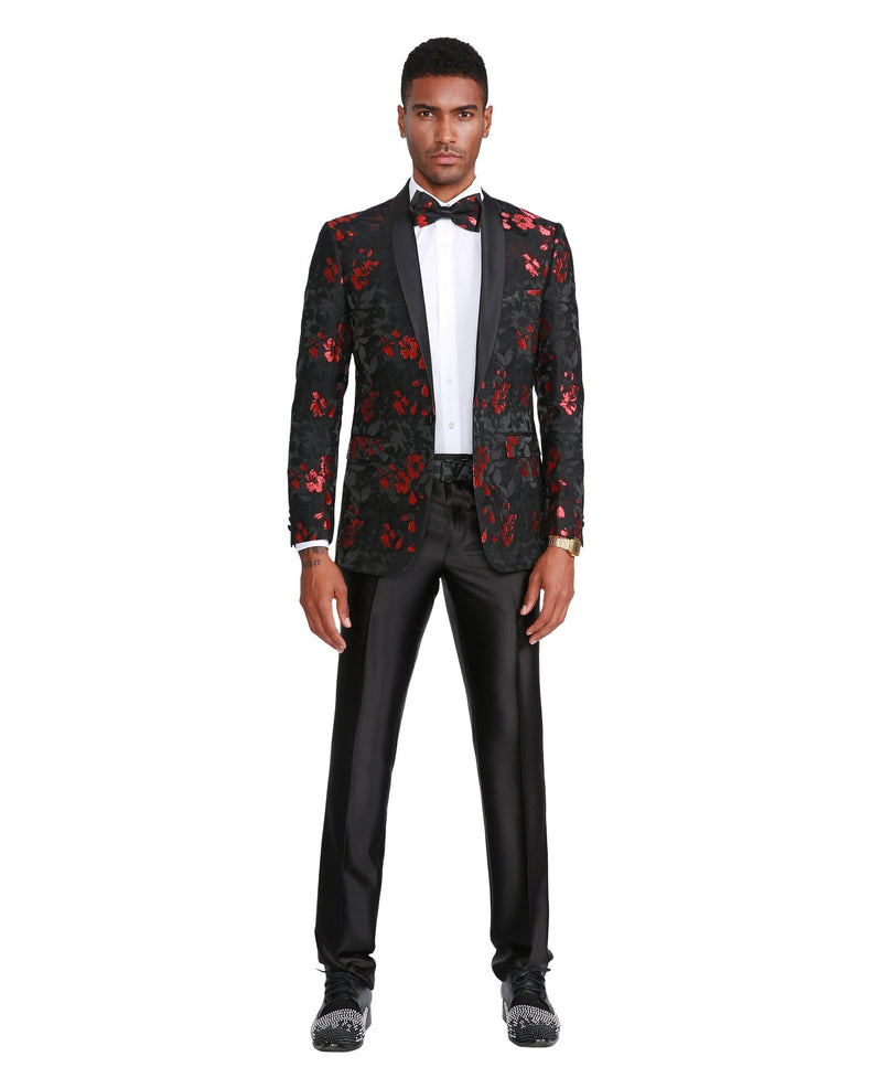 Men's Floral Slim - Fit Blazer w/ Satin Shawl Collar - Bundle Bus