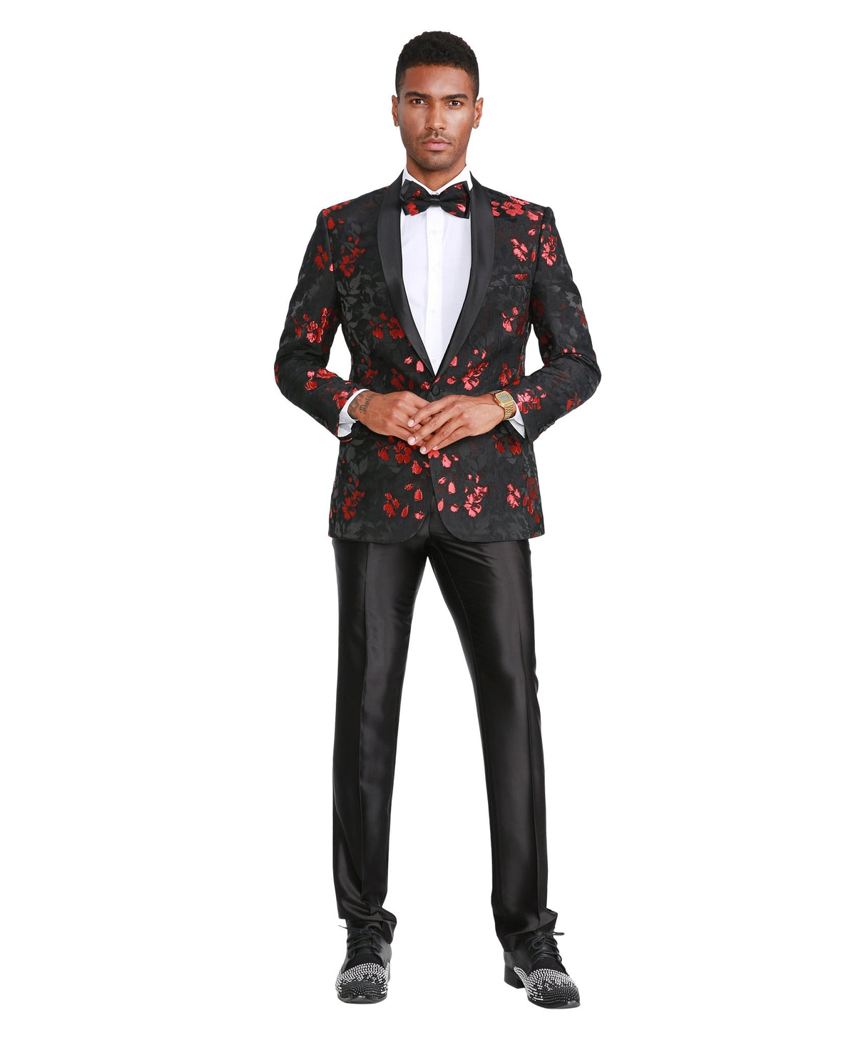 Men's Floral Slim - Fit Blazer w/ Satin Shawl Collar - Bundle Bus