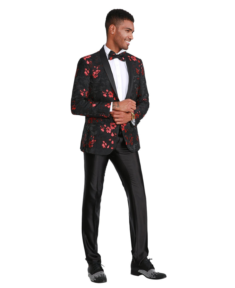 Men's Floral Slim - Fit Blazer w/ Satin Shawl Collar - Bundle Bus