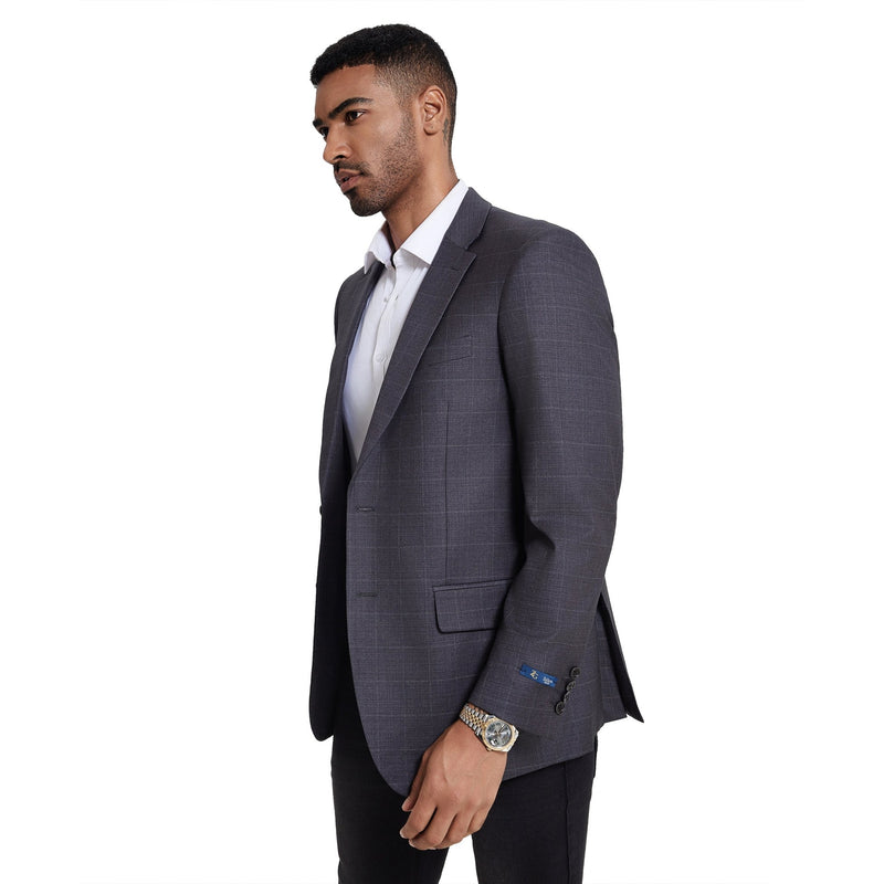 Men's Modern Fit Windowpane Sport Coat w/ Notch Lapel - Bundle Bus