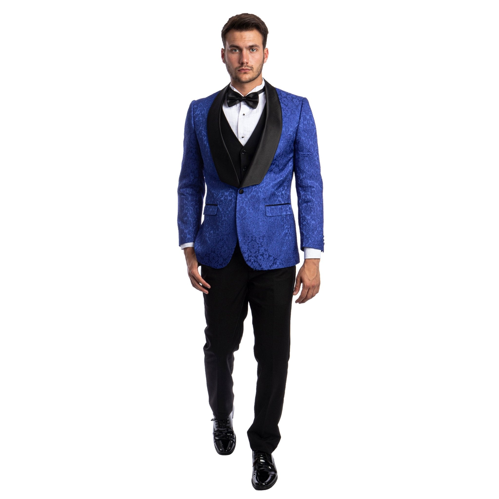 Royal Blue Men's Hybrid - Fit 3pc Paisley Suit w/ Wide Black Shawl Collar - Bundle Bus