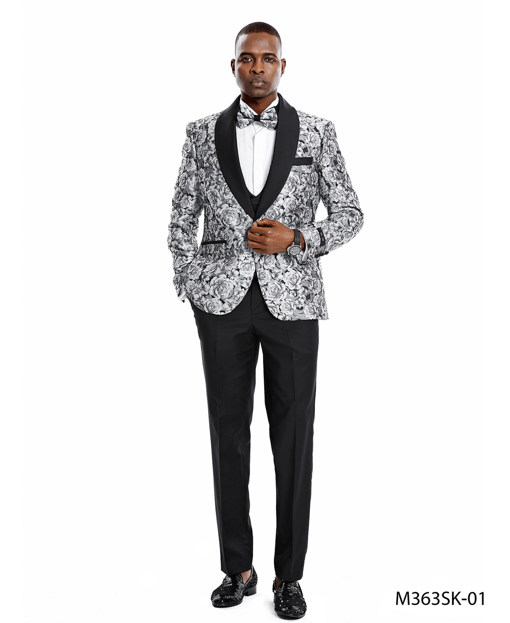 Silver / Black Shawl Collar Paisley Mens - suit - Bundle Bus