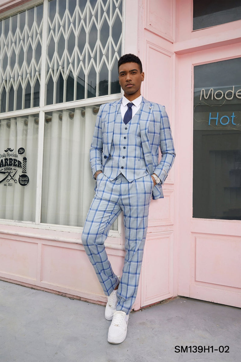 Stacy Adams Hybrid Fit 3 - Piece Suit, Plaid Sky Blue - Bundle Bus