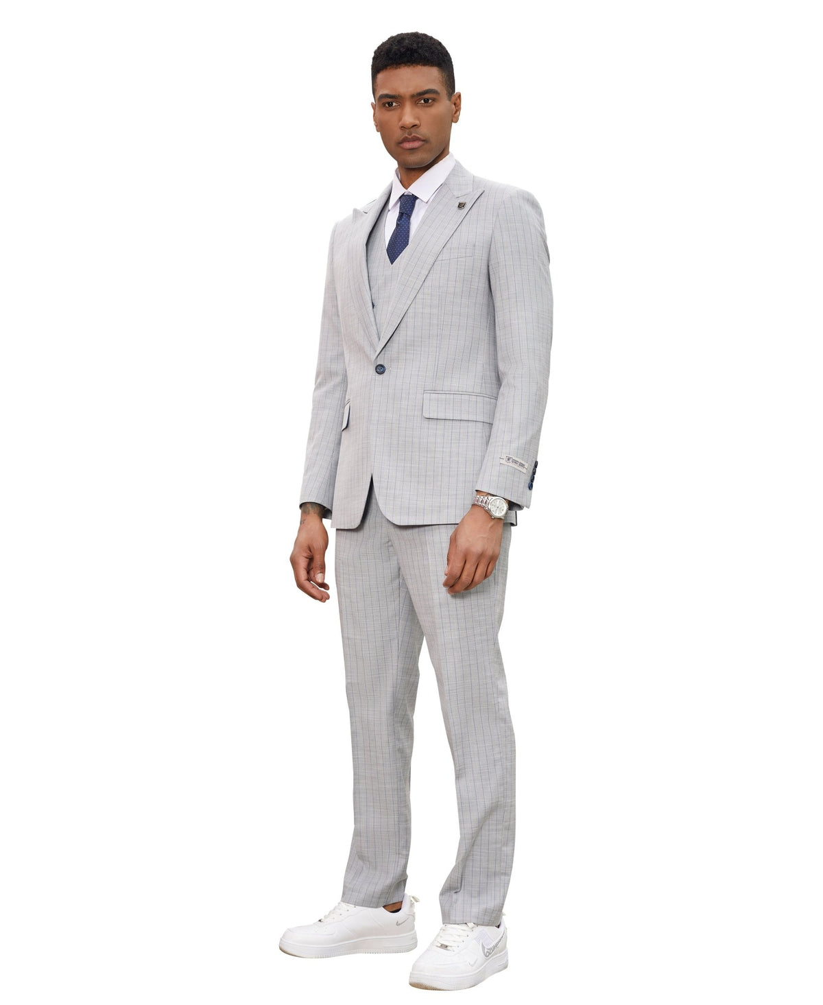 Stacy Adams Hybrid - Fit 3 - Piece Vested Suit, Light Grey Pinstriped - Bundle Bus