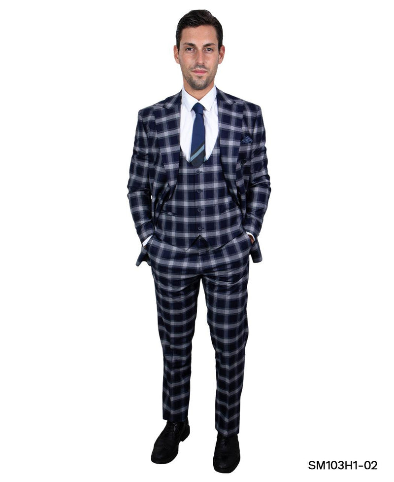 Stacy Adams Hybrid Fit Double - Breast Suit, Navy Blue & White Plaid - Bundle Bus