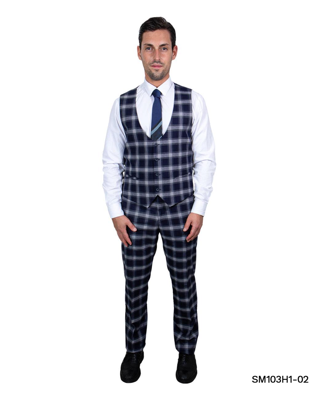 Stacy Adams Hybrid Fit Double - Breast Suit, Navy Blue & White Plaid - Bundle Bus