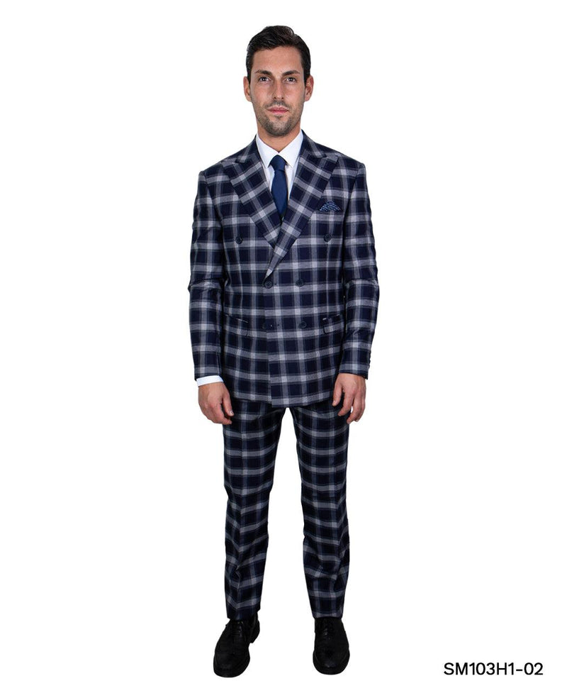 Stacy Adams Hybrid Fit Double - Breast Suit, Navy Blue & White Plaid - Bundle Bus