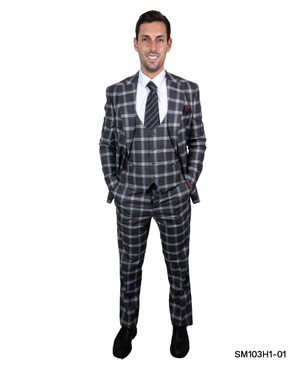 Stacy Adams Hybrid Fit Double - Breast Suit, Neutral Plaid - Bundle Bus