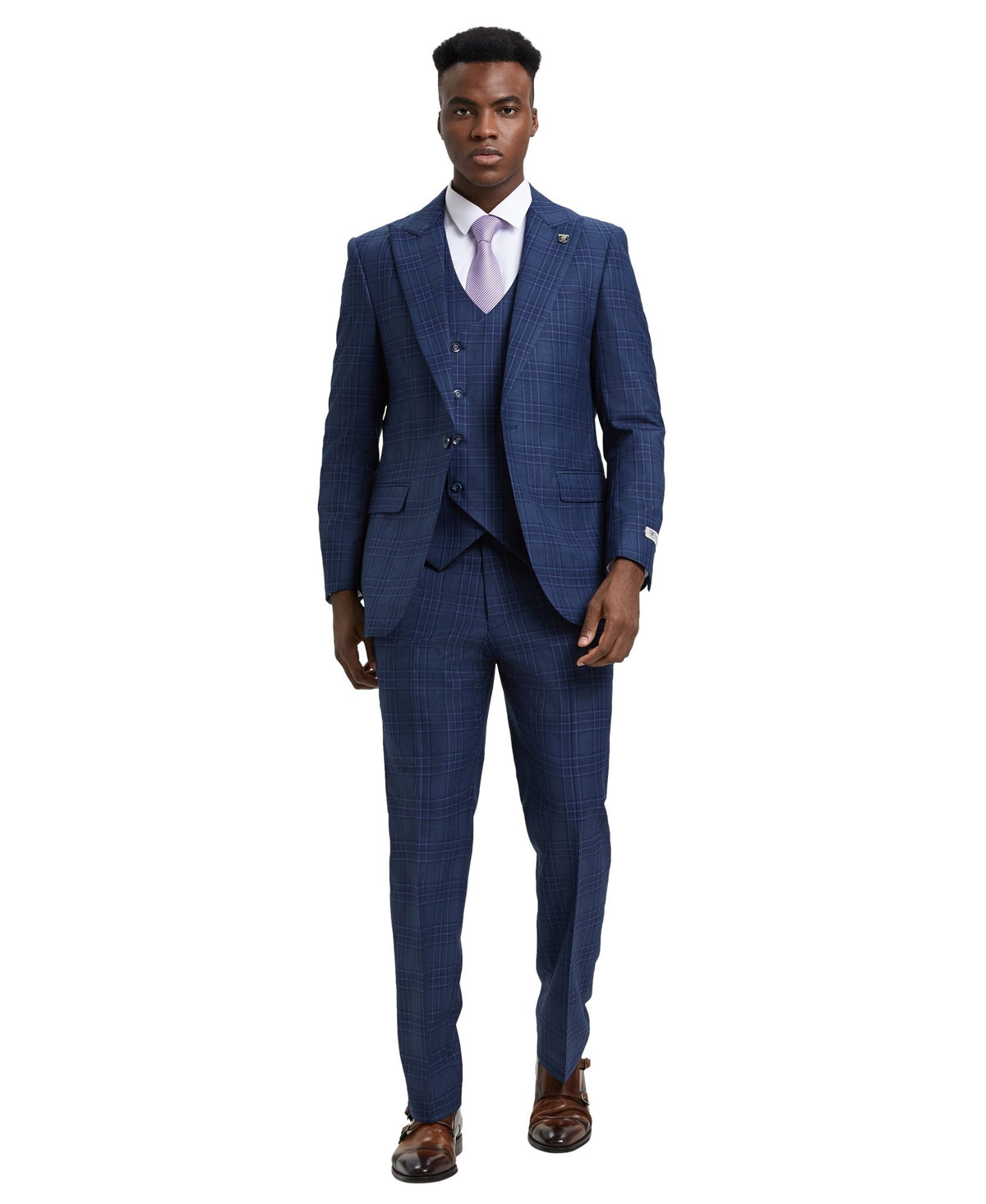 Stacy Adams Hybrid - Fit Double - Breast Vested Suit, Windowpane Blue - Bundle Bus