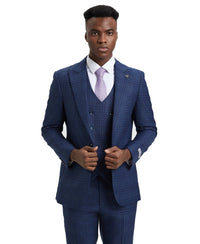 Stacy Adams Hybrid - Fit Double - Breast Vested Suit, Windowpane Blue - Bundle Bus