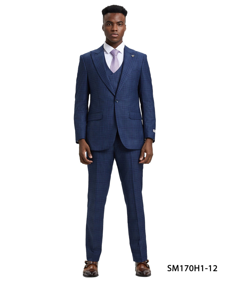 Stacy Adams Hybrid - Fit Double - Breast Vested Suit, Windowpane Blue - Bundle Bus