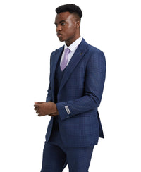 Stacy Adams Hybrid - Fit Double - Breast Vested Suit, Windowpane Blue - Bundle Bus