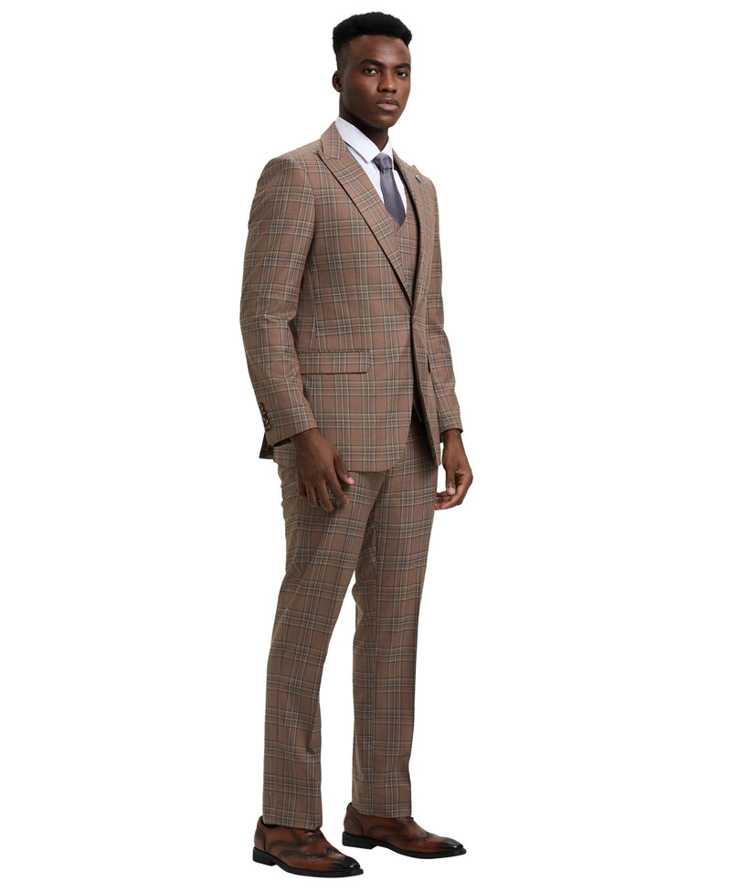 Stacy Adams Hybrid - Fit Double - Breast Vested Suit, Windowpane Brown - Bundle Bus