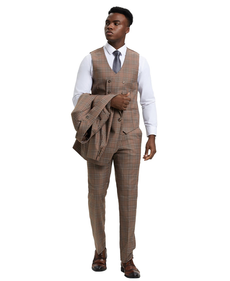 Stacy Adams Hybrid - Fit Double - Breast Vested Suit, Windowpane Brown - Bundle Bus