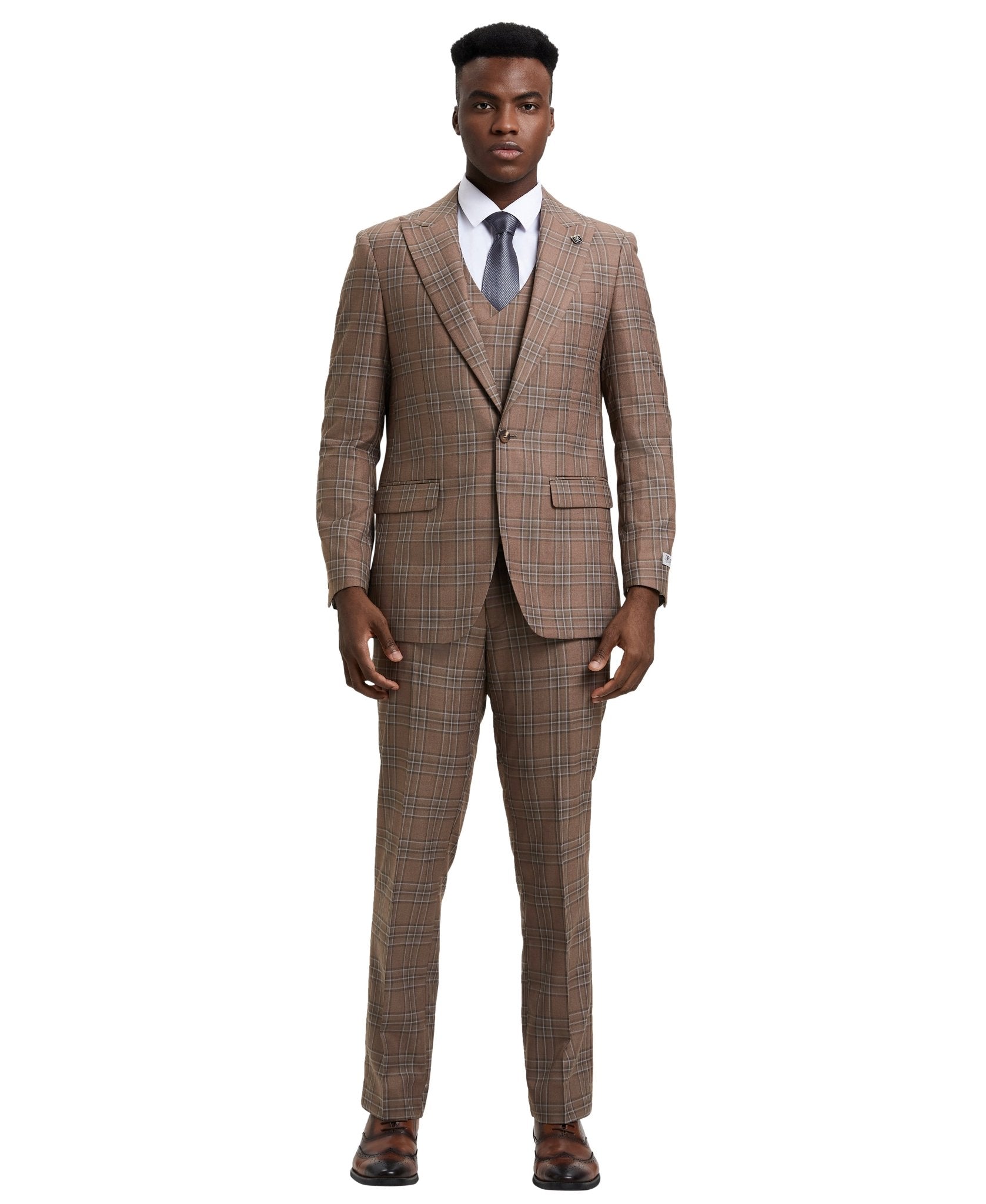 Stacy Adams Hybrid - Fit Double - Breast Vested Suit, Windowpane Brown - Bundle Bus