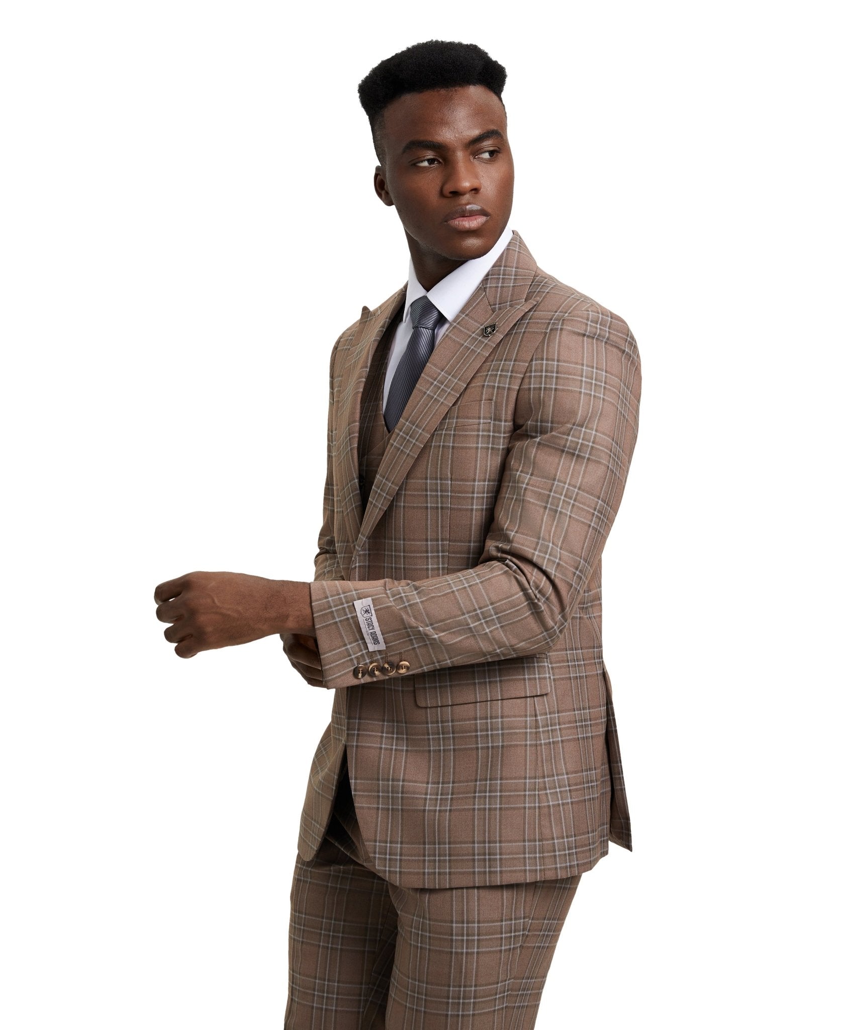 Stacy Adams Hybrid - Fit Double - Breast Vested Suit, Windowpane Brown - Bundle Bus