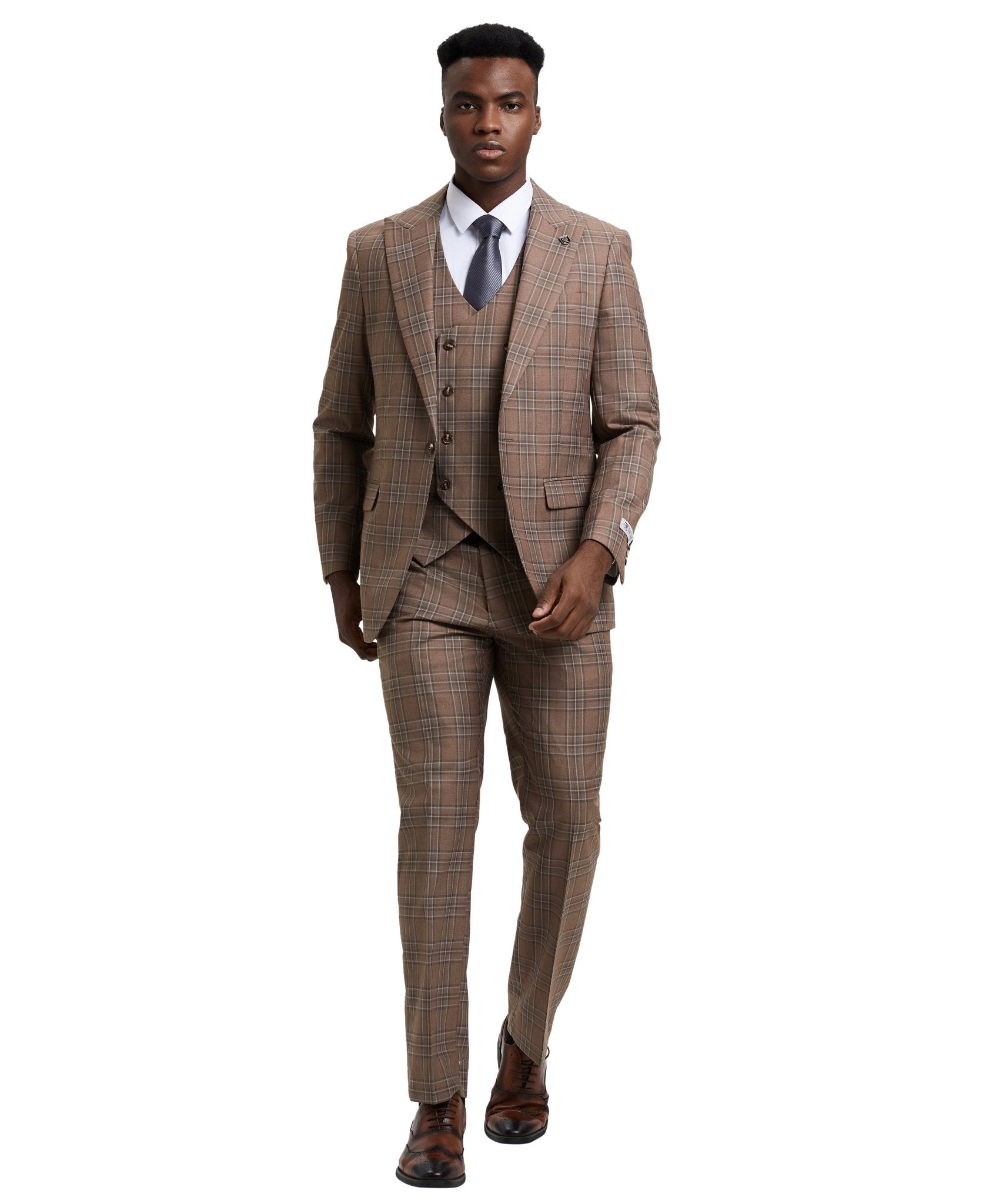 Stacy Adams Hybrid - Fit Double - Breast Vested Suit, Windowpane Brown - Bundle Bus