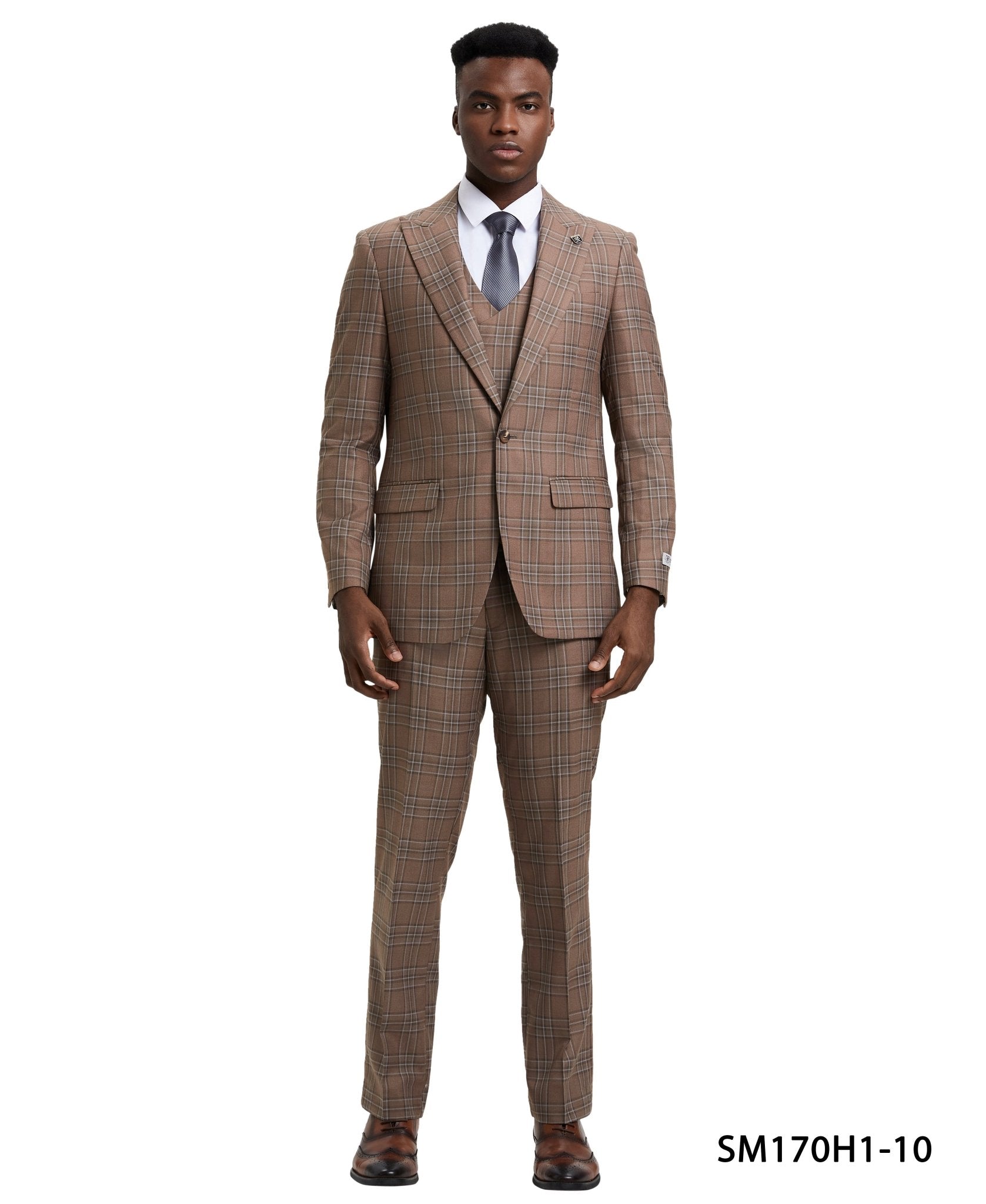 Stacy Adams Hybrid - Fit Double - Breast Vested Suit, Windowpane Brown - Bundle Bus