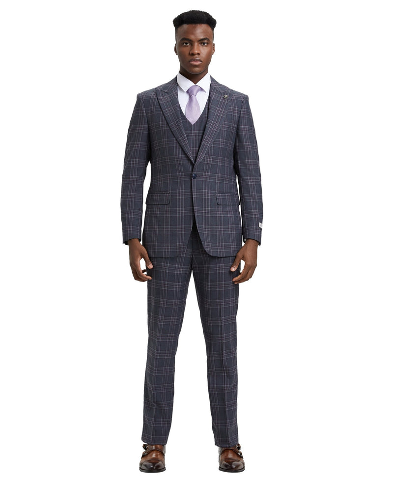 Stacy Adams Hybrid - Fit Double - Breast Vested Suit, Windowpane Charcoal - Bundle Bus