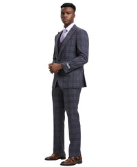 Stacy Adams Hybrid - Fit Double - Breast Vested Suit, Windowpane Charcoal - Bundle Bus