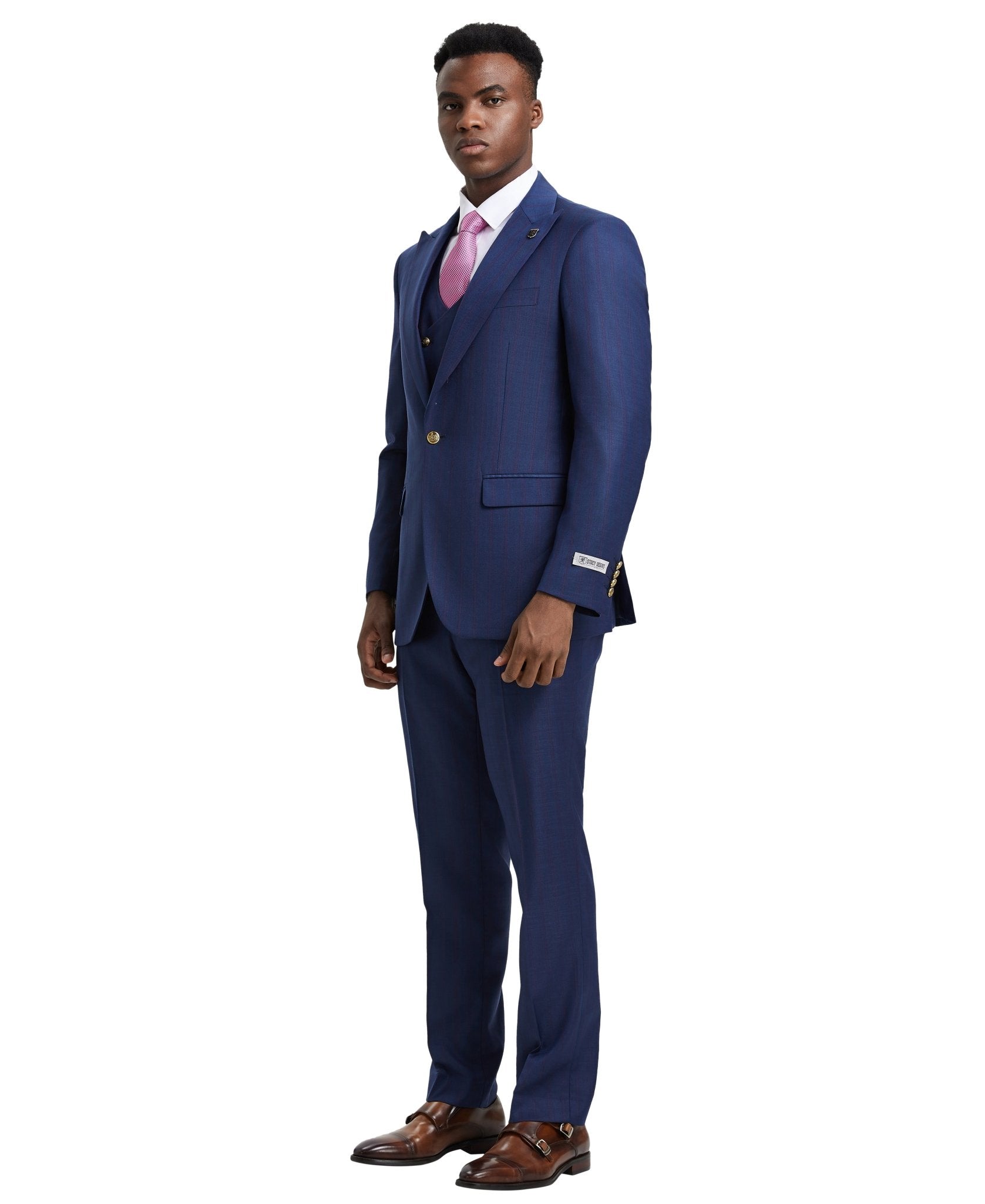 Stacy Adams Hybrid - Fit Pinstriped Suit w/ Double Breasted Vest, Blue - Bundle Bus