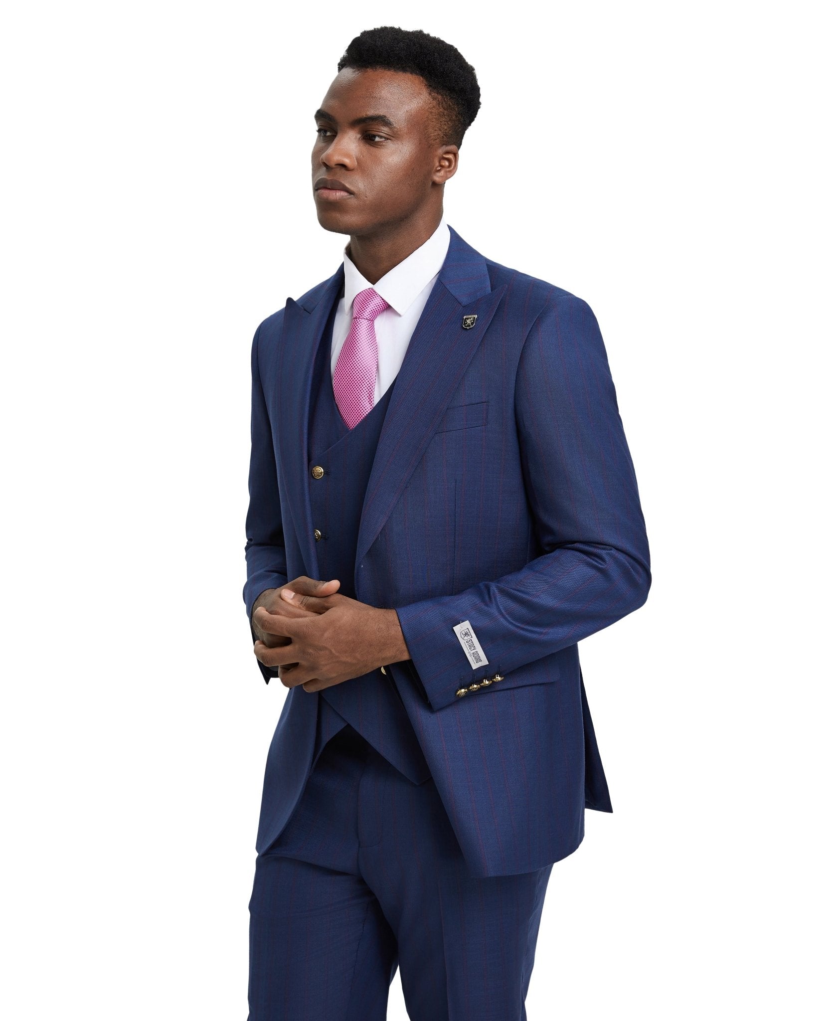 Stacy Adams Hybrid - Fit Pinstriped Suit w/ Double Breasted Vest, Blue - Bundle Bus