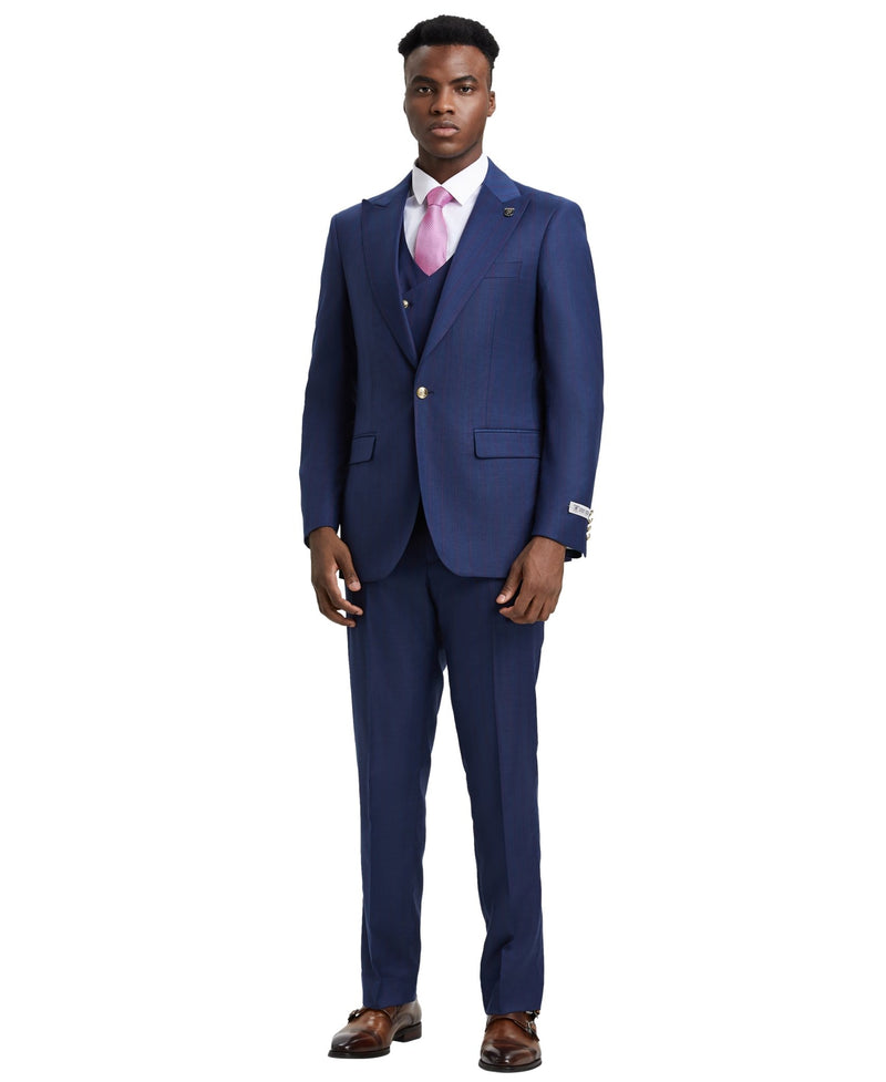 Stacy Adams Hybrid - Fit Pinstriped Suit w/ Double Breasted Vest, Blue - Bundle Bus