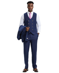 Stacy Adams Hybrid - Fit Pinstriped Suit w/ Double Breasted Vest, Blue - Bundle Bus