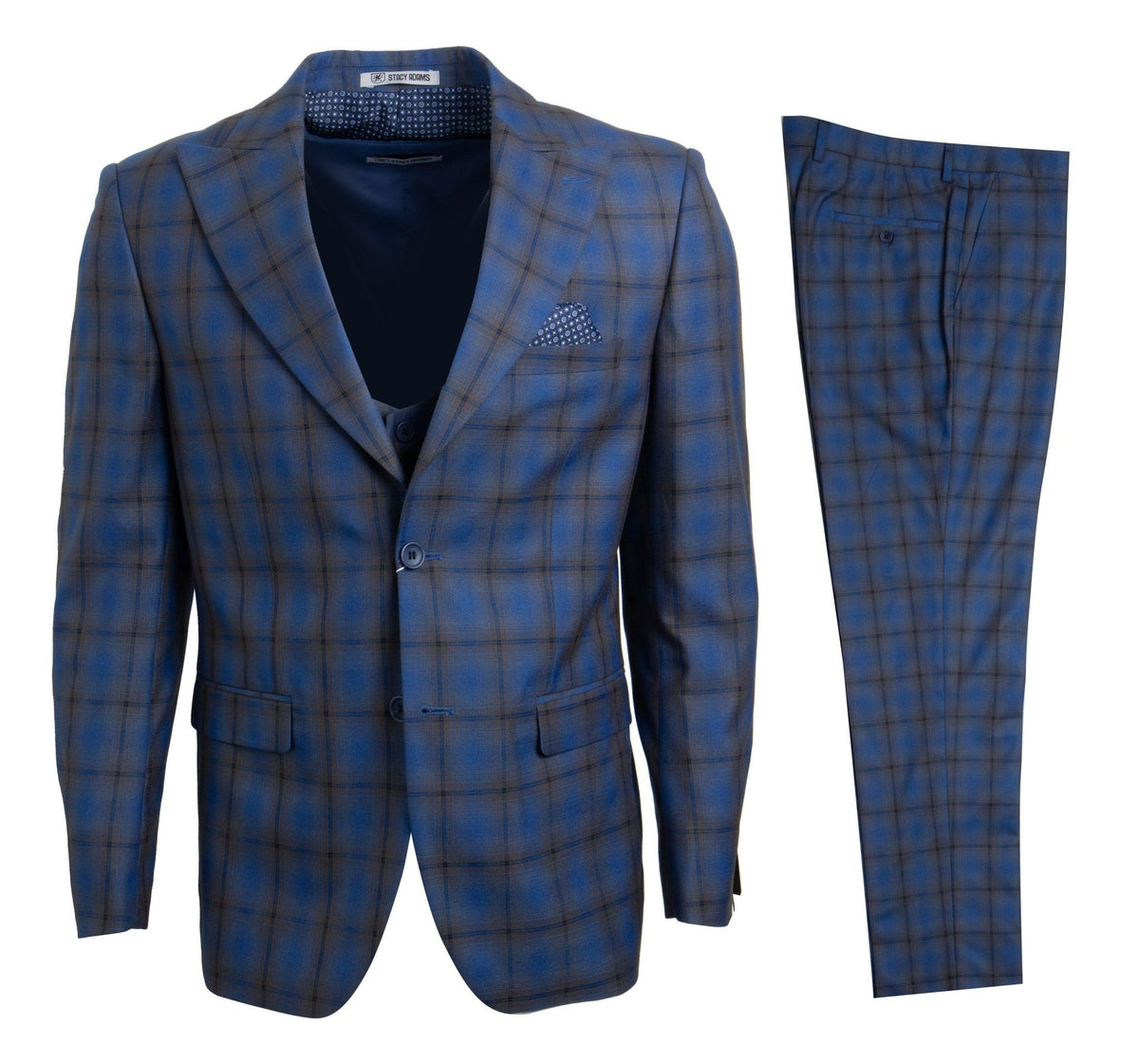 Stacy Adams Hybrid Fit Suit, Plaid Blue & Brown - Bundle Bus