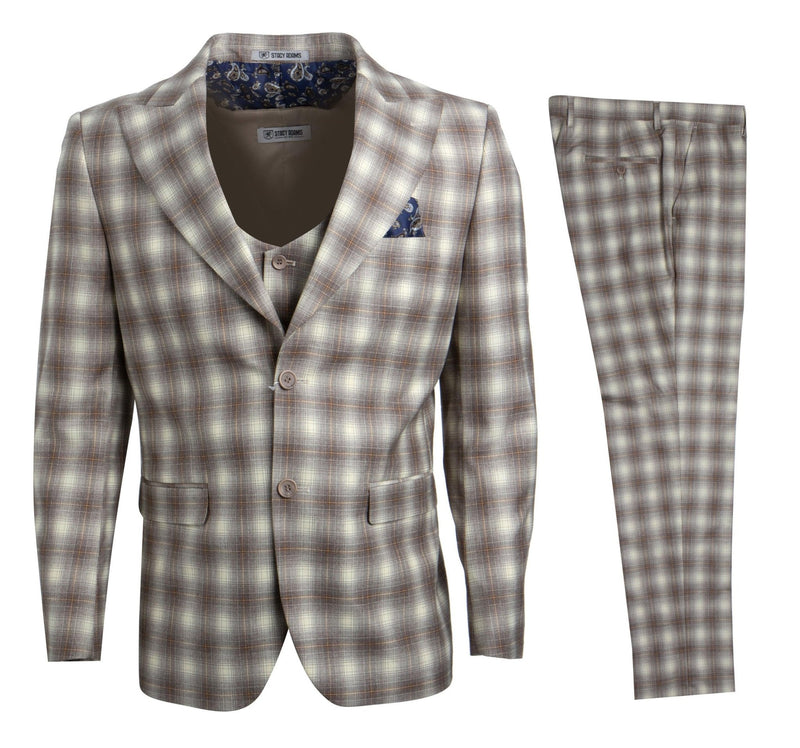 Stacy Adams Hybrid Fit Suit, Plaid Tan & Brown - Bundle Bus