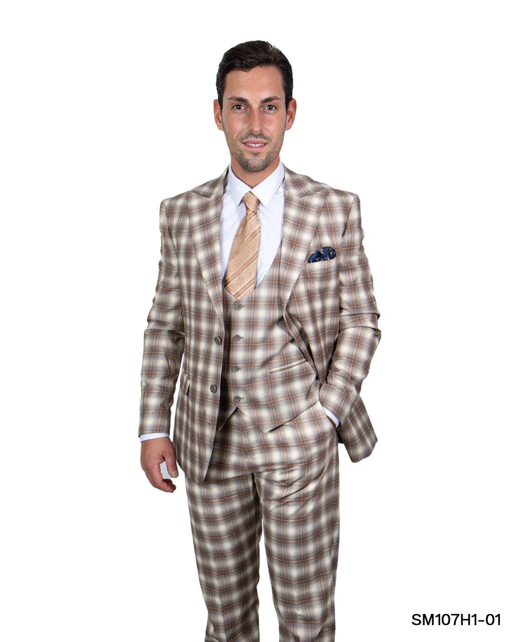 Stacy Adams Hybrid Fit Suit, Plaid Tan & Brown - Bundle Bus