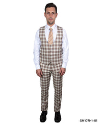 Stacy Adams Hybrid Fit Suit, Plaid Tan & Brown - Bundle Bus