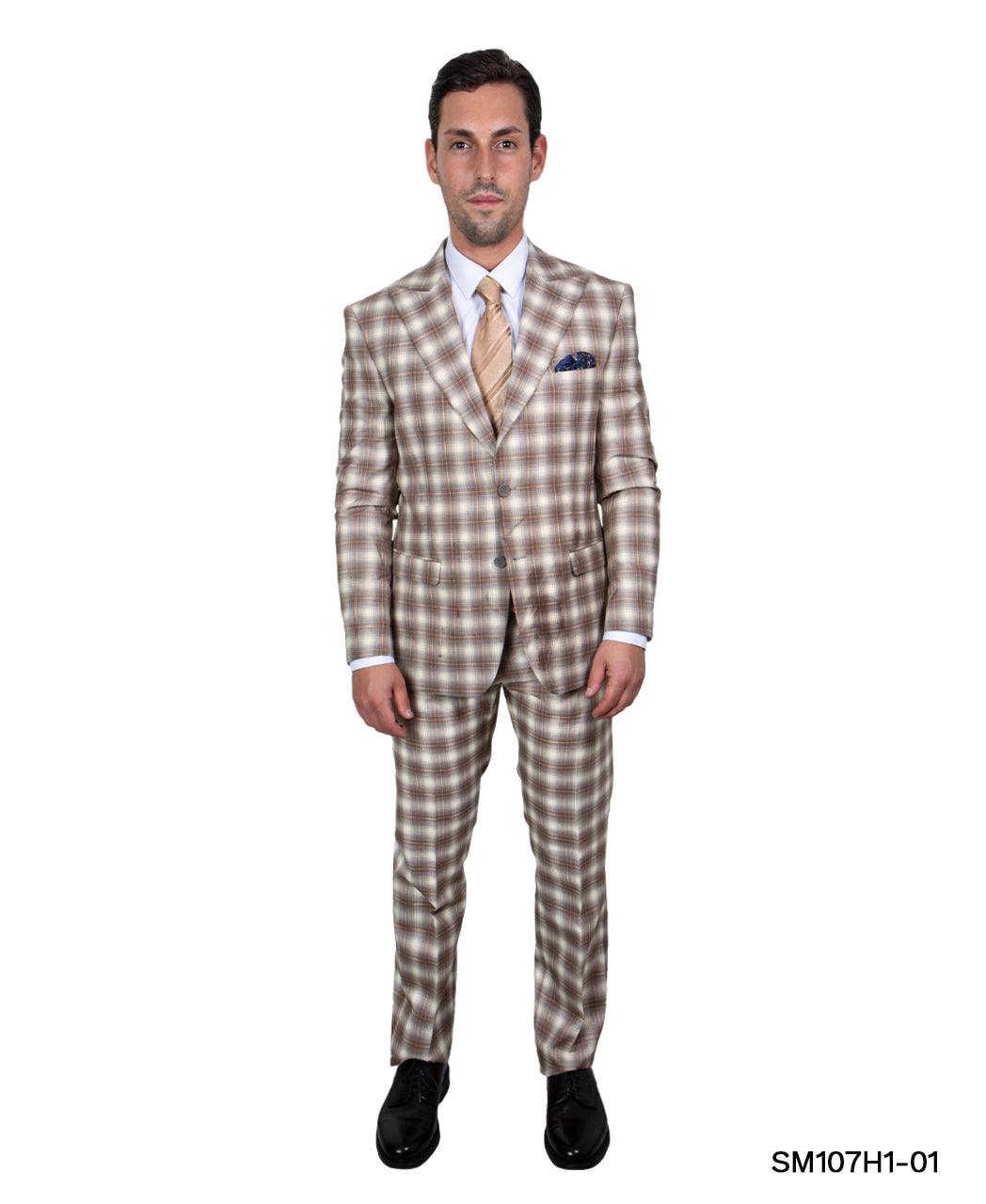 Stacy Adams Hybrid Fit Suit, Plaid Tan & Brown - Bundle Bus