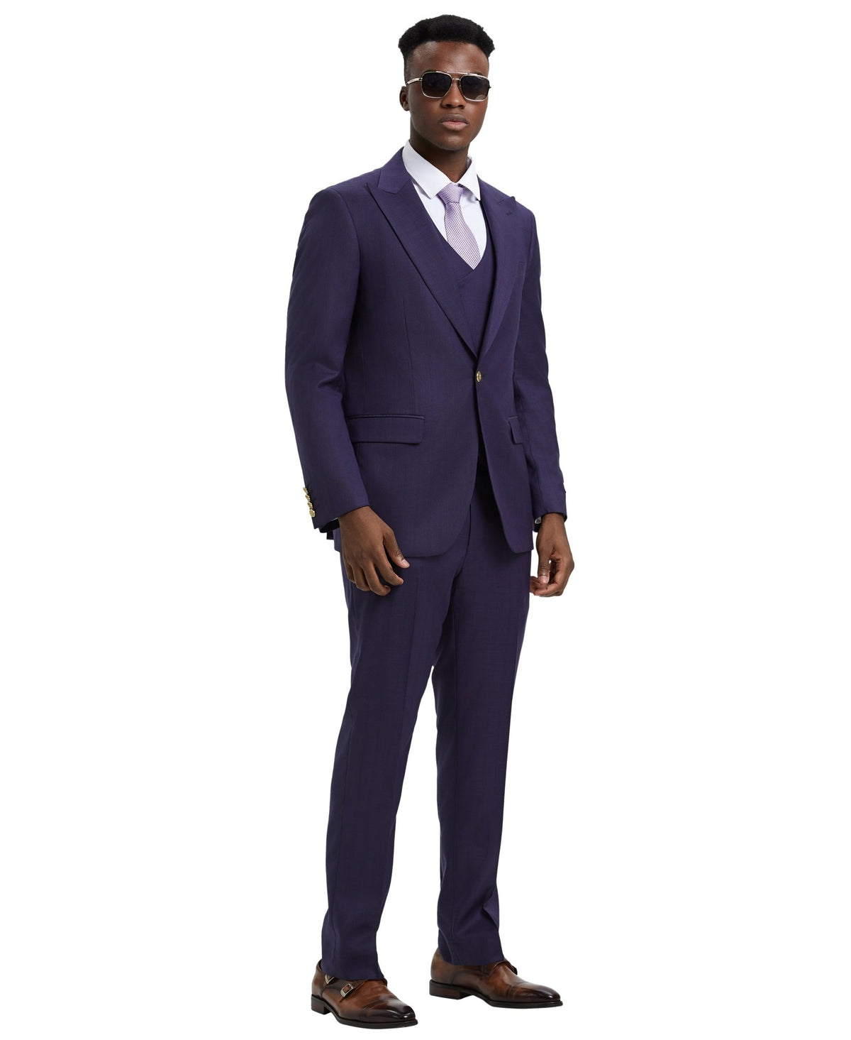 Stacy Adams Hybrid - Fit Suit w/ Double Breasted Vest, Purple - Bundle Bus