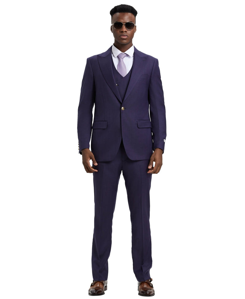 Stacy Adams Hybrid - Fit Suit w/ Double Breasted Vest, Purple - Bundle Bus