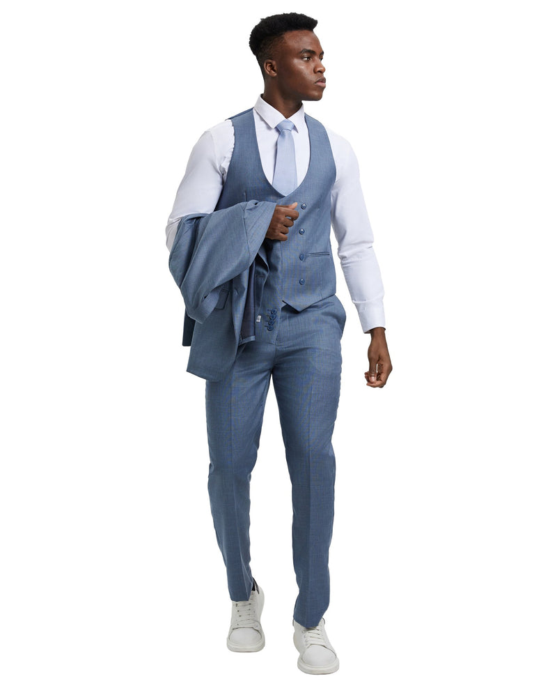 Stacy Adams Hybrid - Fit Textured Suit w/ Double Breasted Vest, Frost Blue - Bundle Bus