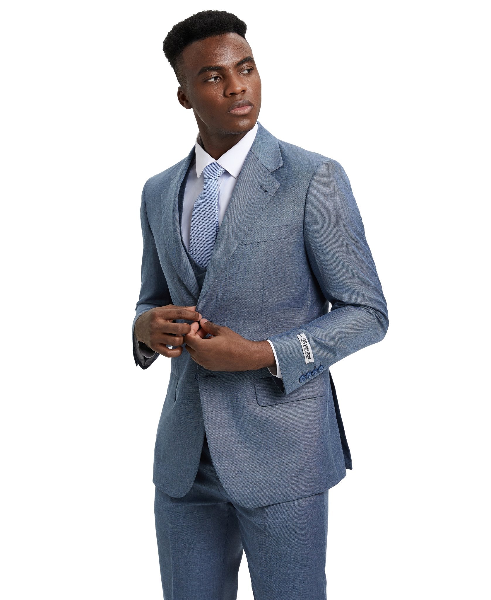 Stacy Adams Hybrid - Fit Textured Suit w/ Double Breasted Vest, Frost Blue - Bundle Bus