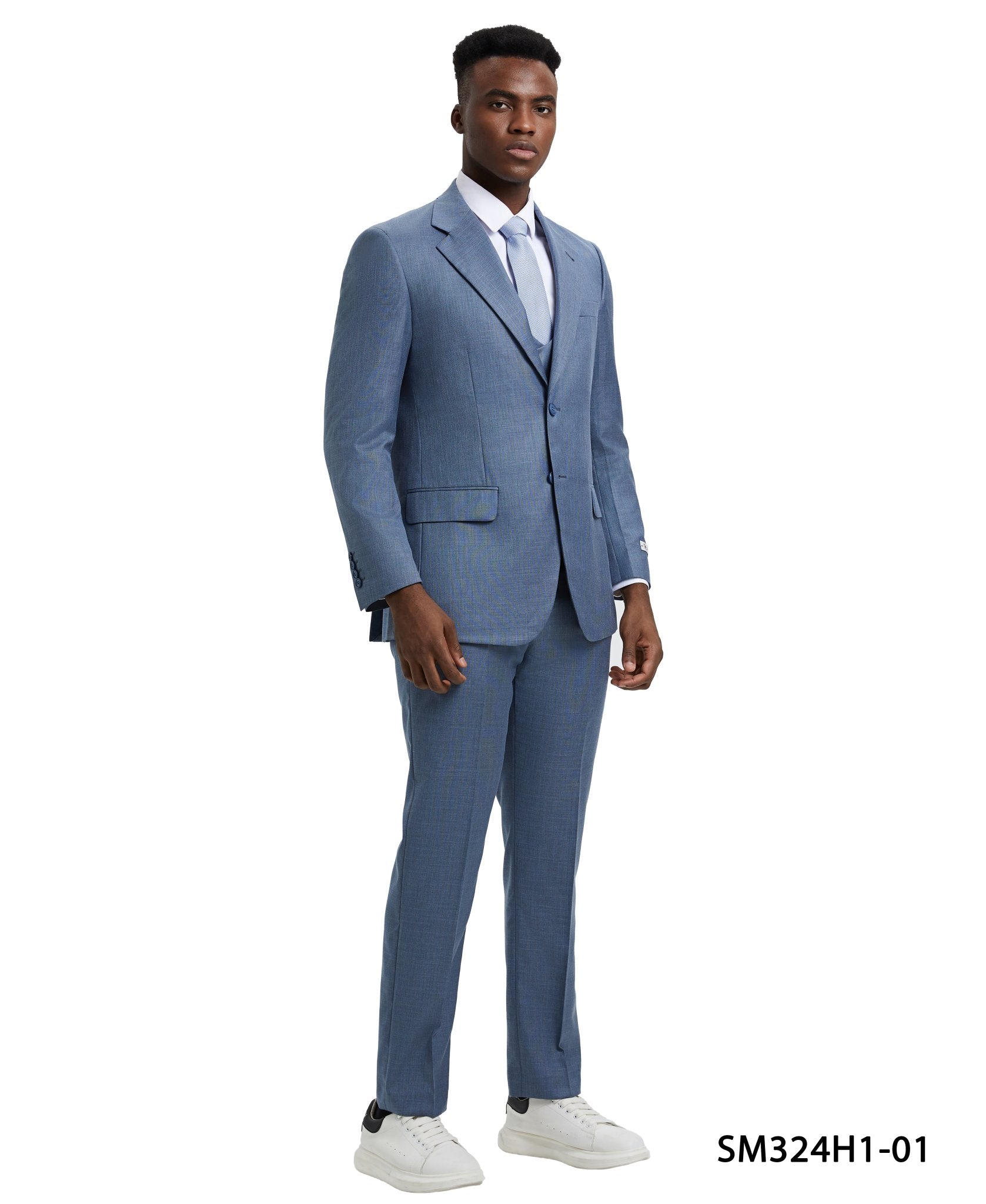 Stacy Adams Hybrid - Fit Textured Suit w/ Double Breasted Vest, Frost Blue - Bundle Bus